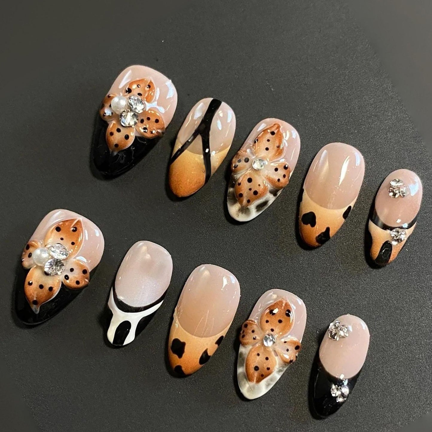 Stylish Floral Medium Almond Beige with Rhinestone Accents Press on Nail Set