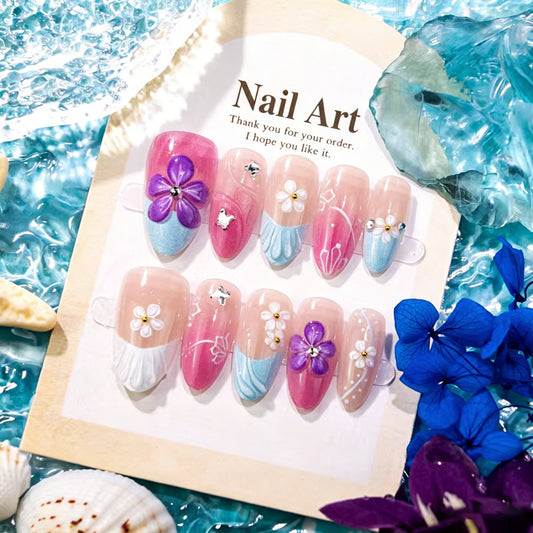 Tropical Bliss Medium Almond Pink and Blue Floral Press On Nail Set