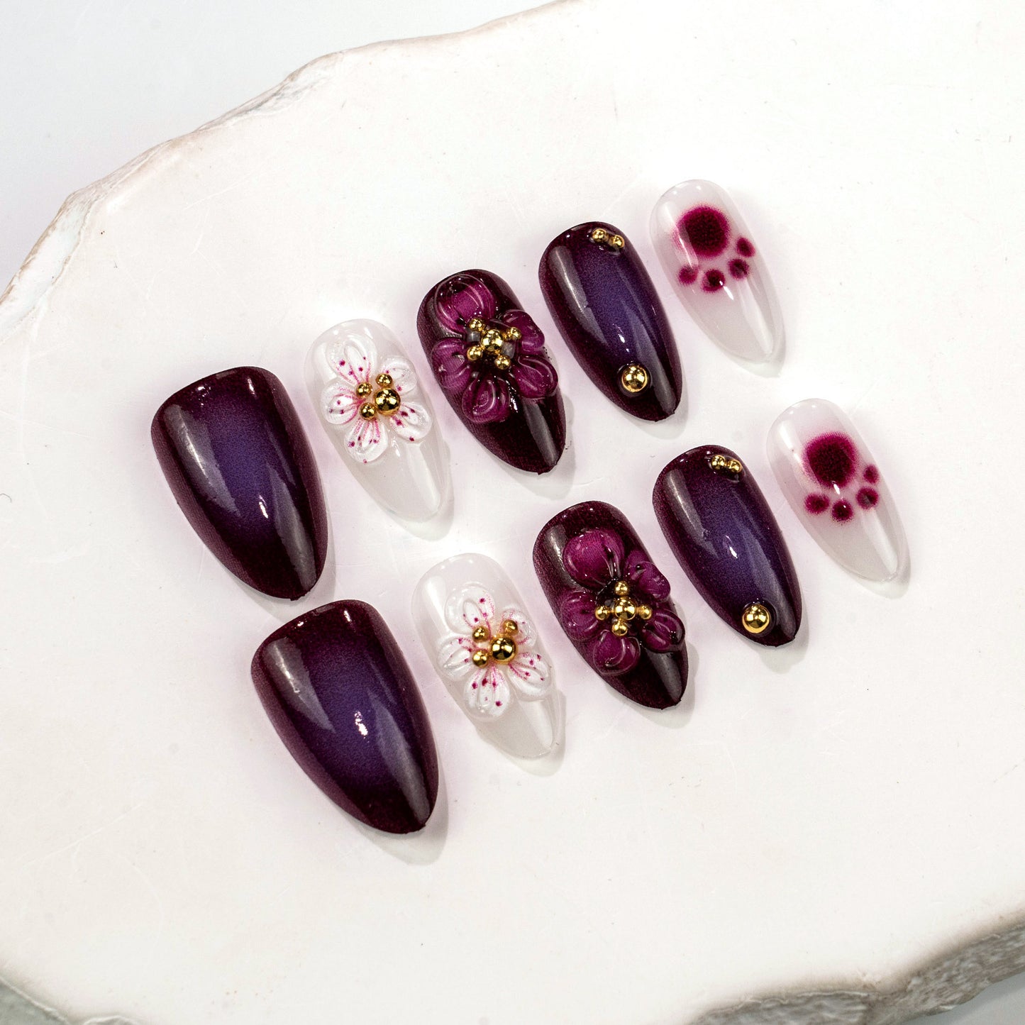 Mystical Blooms Short Oval Deep Purple with Floral Accents Press On Nail Set