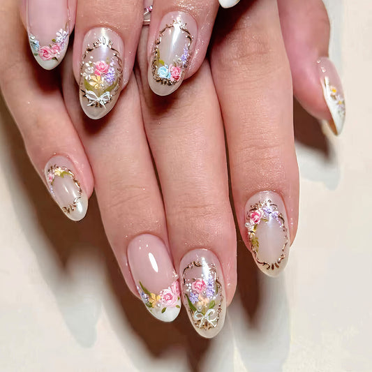 Whimsical Floral Medium Oval Beige with Glitter Accents Press On Nail Set