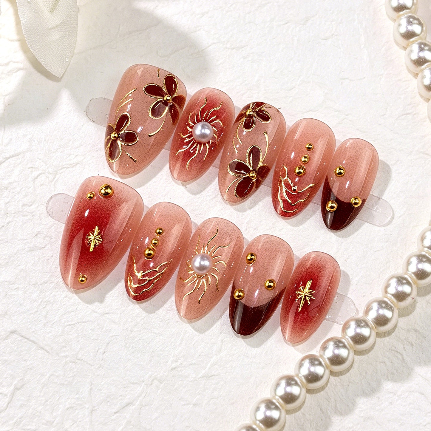 Bohemian Elegance Short Almond Rose Gold Foil Press-On Nail Set