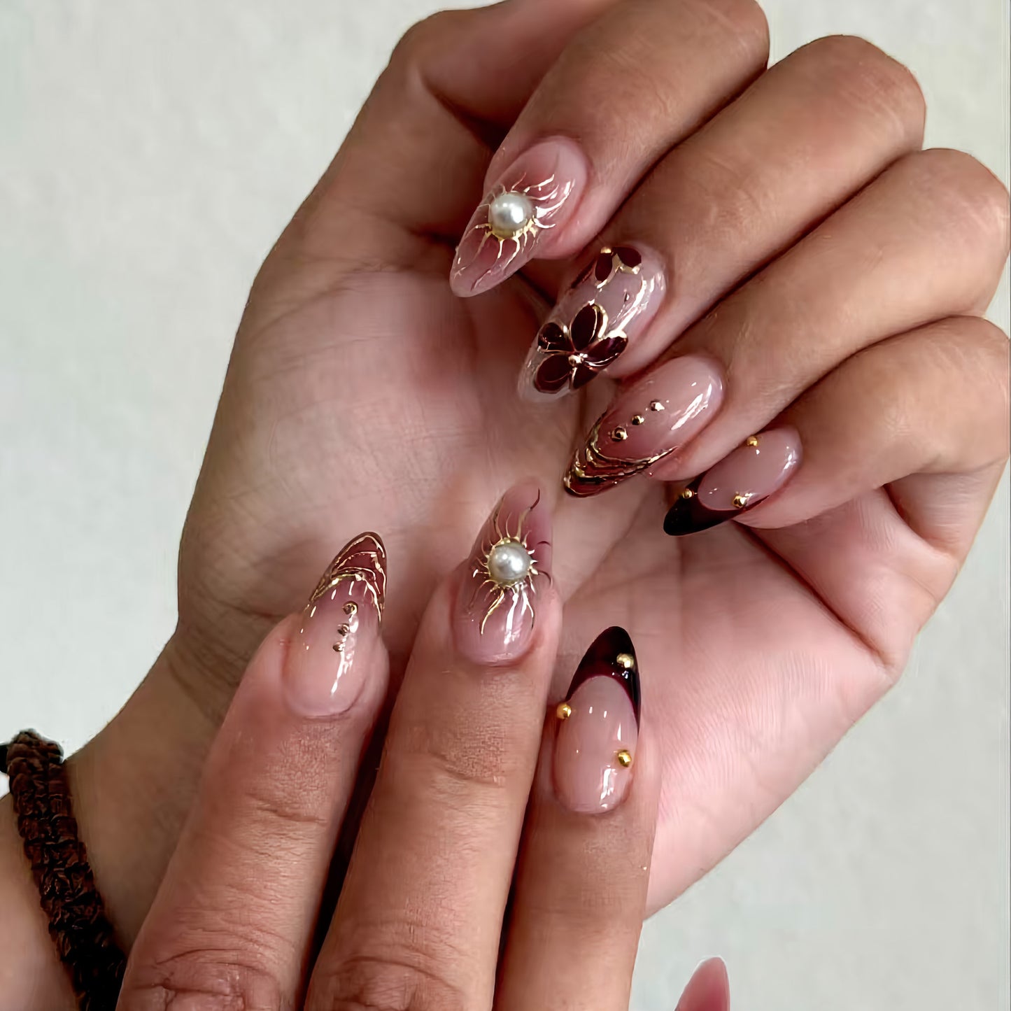 Elegant Glamour Medium Almond Beige with Floral Gems Press on Nail Set