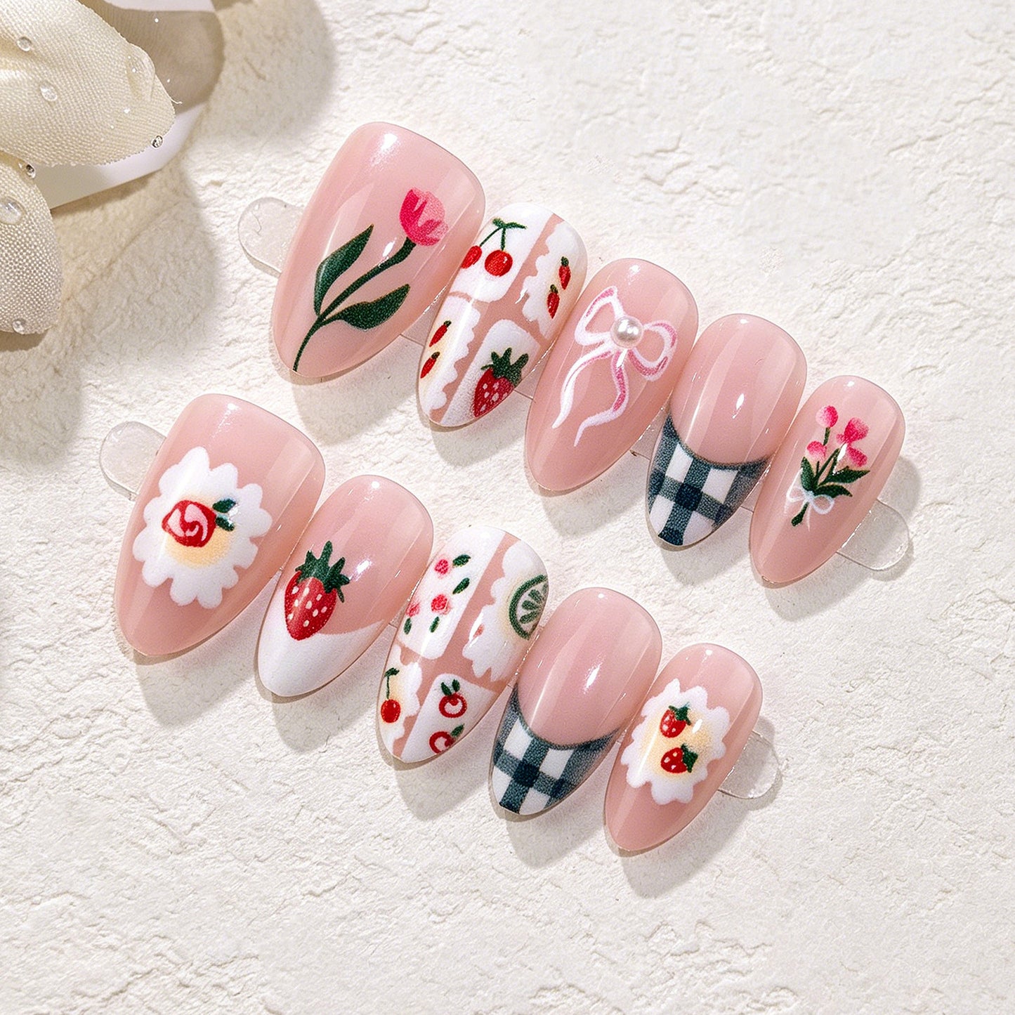 Whimsical Garden Short Almond Pink Floral Press On Nail Set with Unique Artistry
