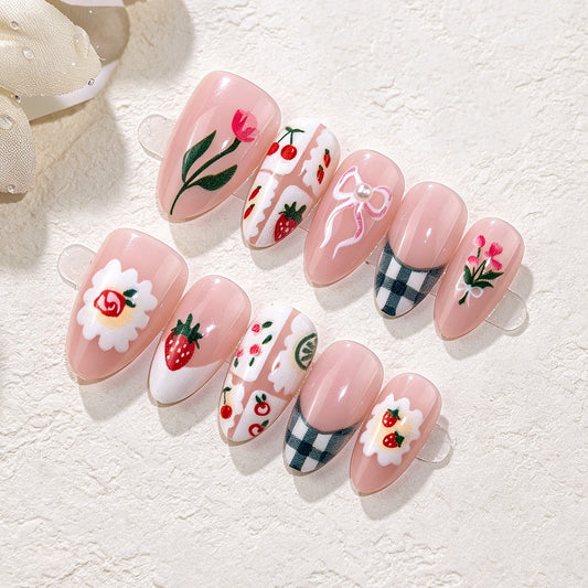 Whimsical Garden Short Almond Pink Floral Press On Nail Set with Unique Artistry