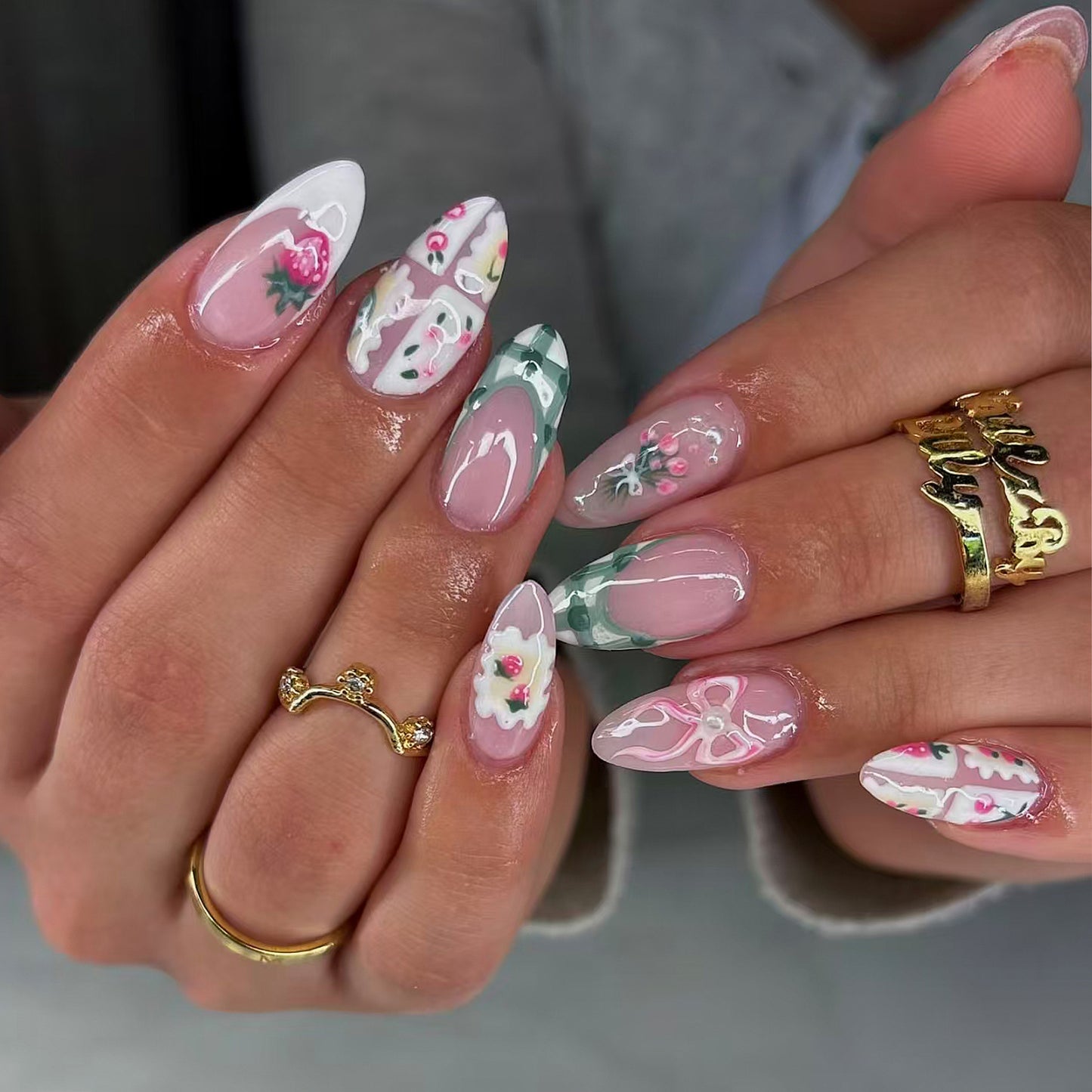 Floral Fantasy Medium Almond Multicolor with Intricate Floral Designs Press On Nail Set