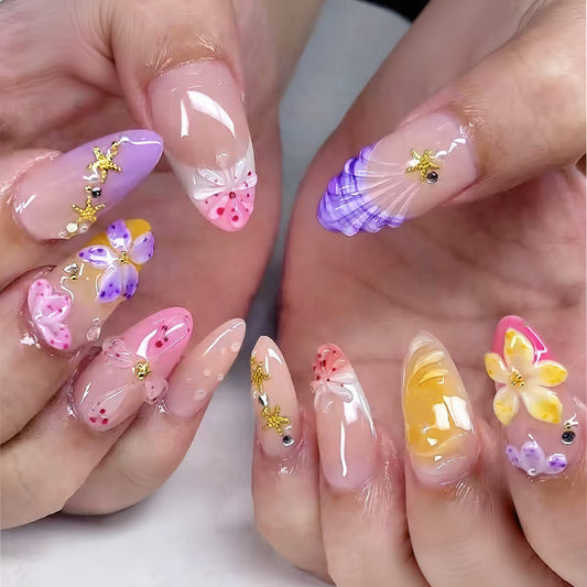 Whimsical Floral Medium Almond Pastel Press On Nail Set with Dazzling Decorations