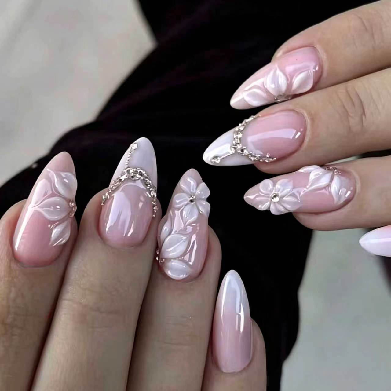 Whimsical Elegance Medium Almond Pink Press on Nail Set with Floral Design and Gem Accents