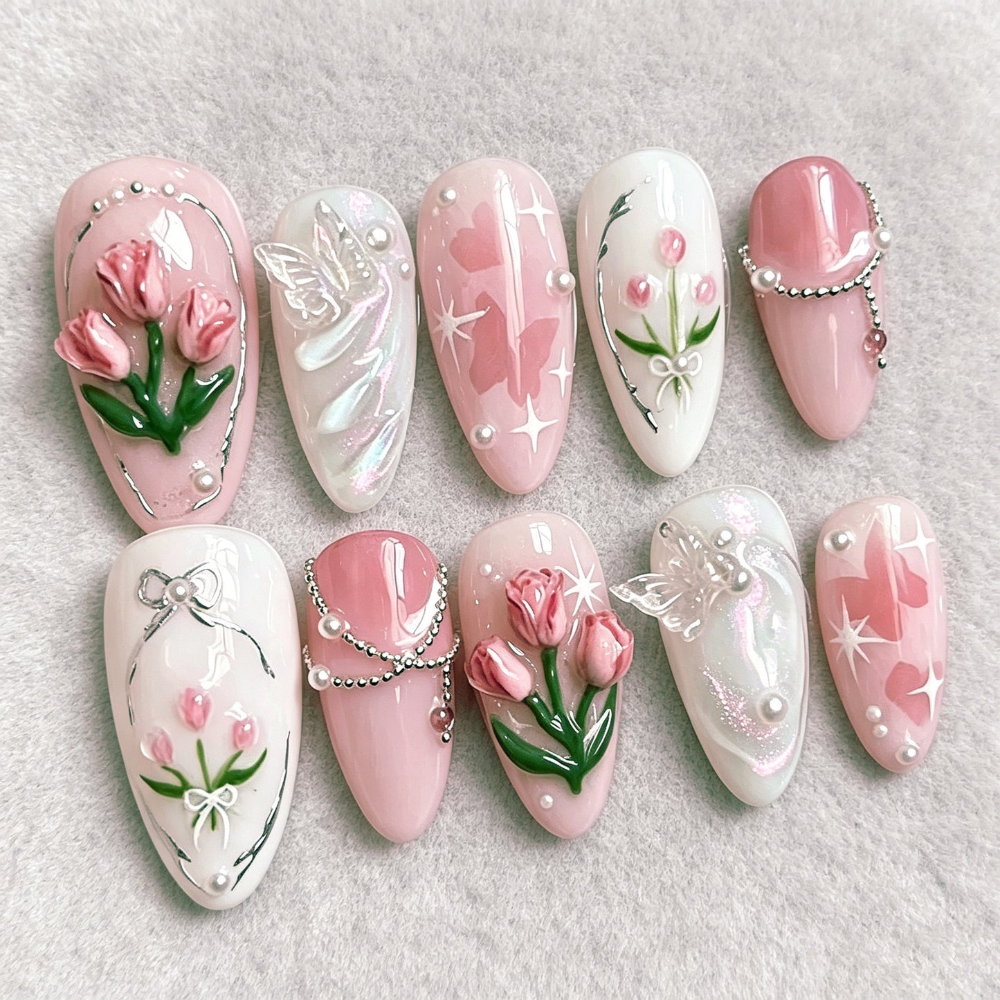 Floral Fantasy Medium Almond Pink Press On Nail Set with Elegant Floral Designs