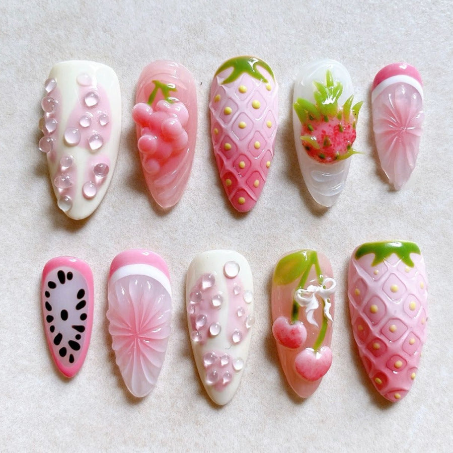 Fruity Bliss Medium Almond Pink Nail Set with Charming Fruit Designs