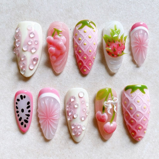 Fruity Bliss Medium Almond Pink Nail Set with Charming Fruit Designs