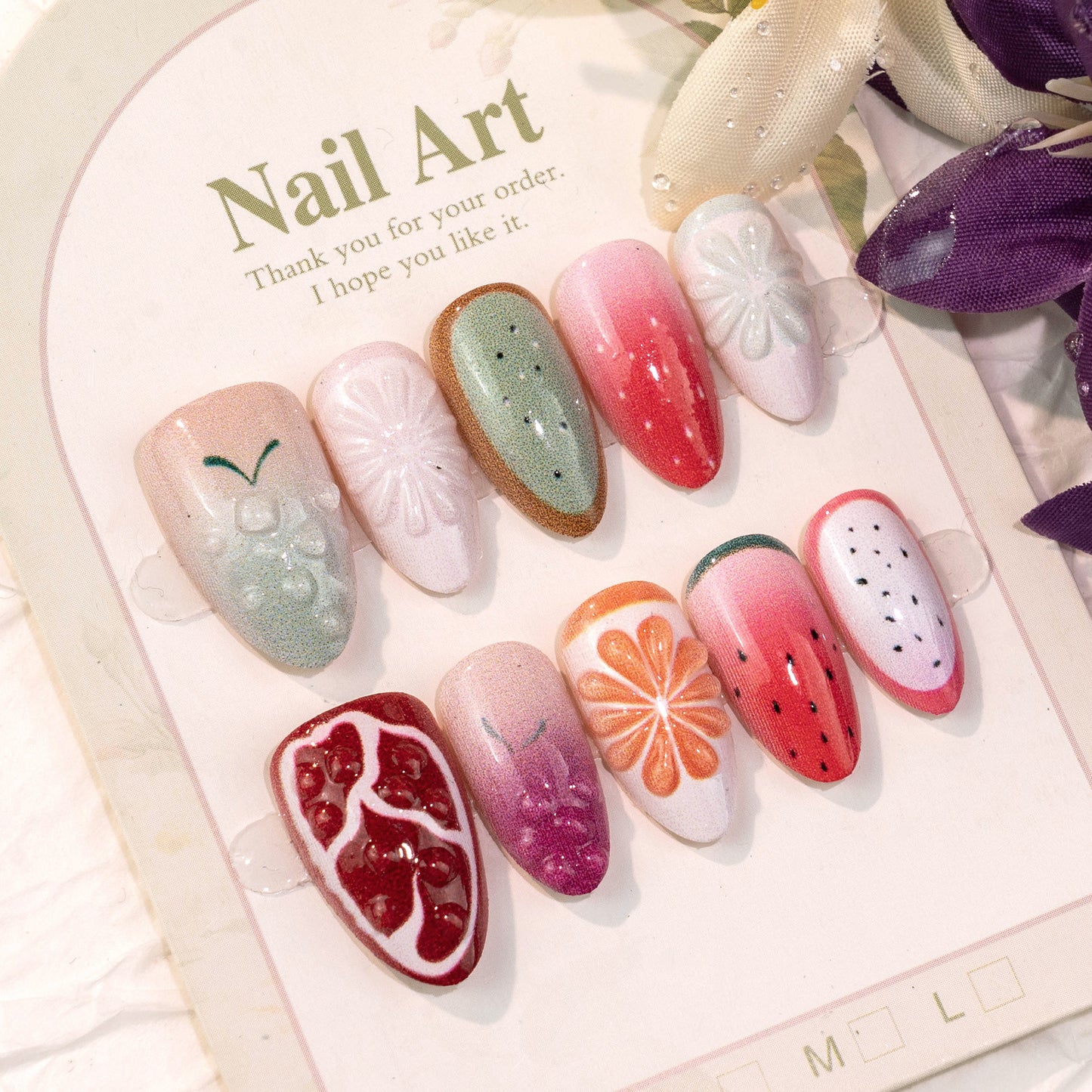 Fruit Fiesta Long Almond Multicolor Glittery Design Press on Nail Set