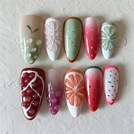 Tropical Fruit Delight Medium Almond Green and Pink Ombre Nail Set with Artistic Fruit Designs
