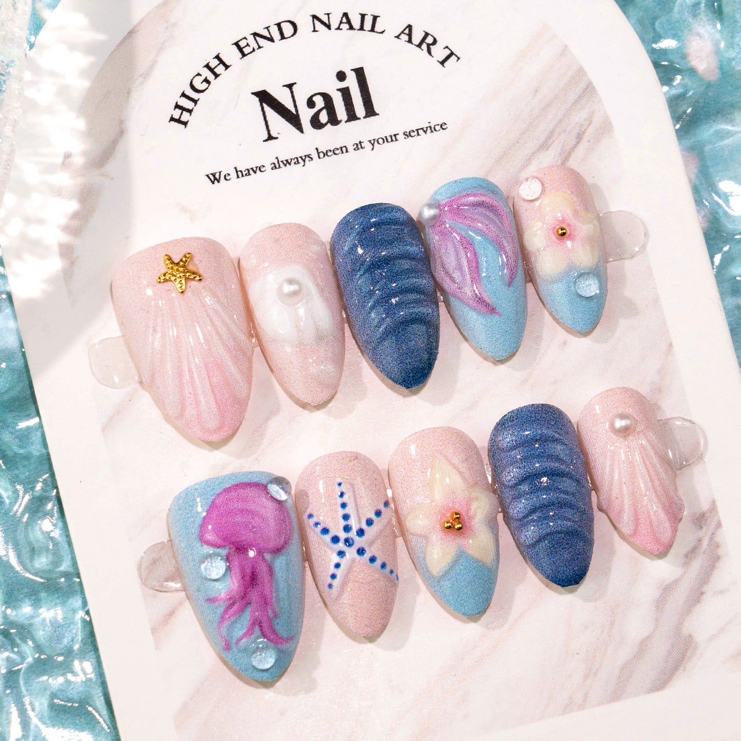 Ocean Breeze Medium Almond Pink and Blue Glittery Nail Set