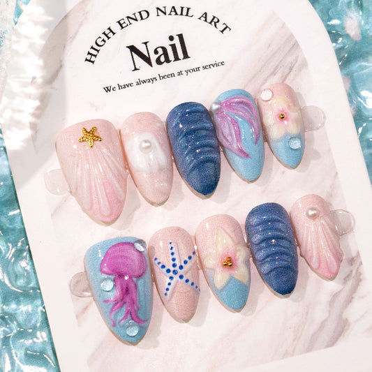 Ocean Breeze Medium Almond Pink and Blue Glittery Nail Set