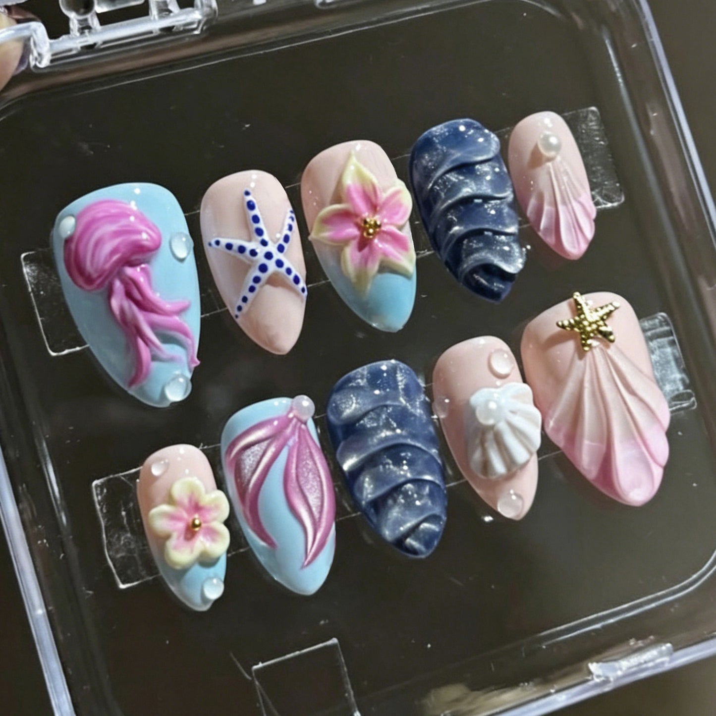 Undersea Dreams Medium Almond Pink and Blue Seashell Art Press on Nail Set