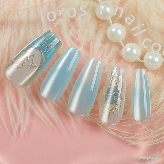 Dreamy Ocean Vibes Long Coffin Blue Gradation with Elegant Gold Accents Press On Nail Set
