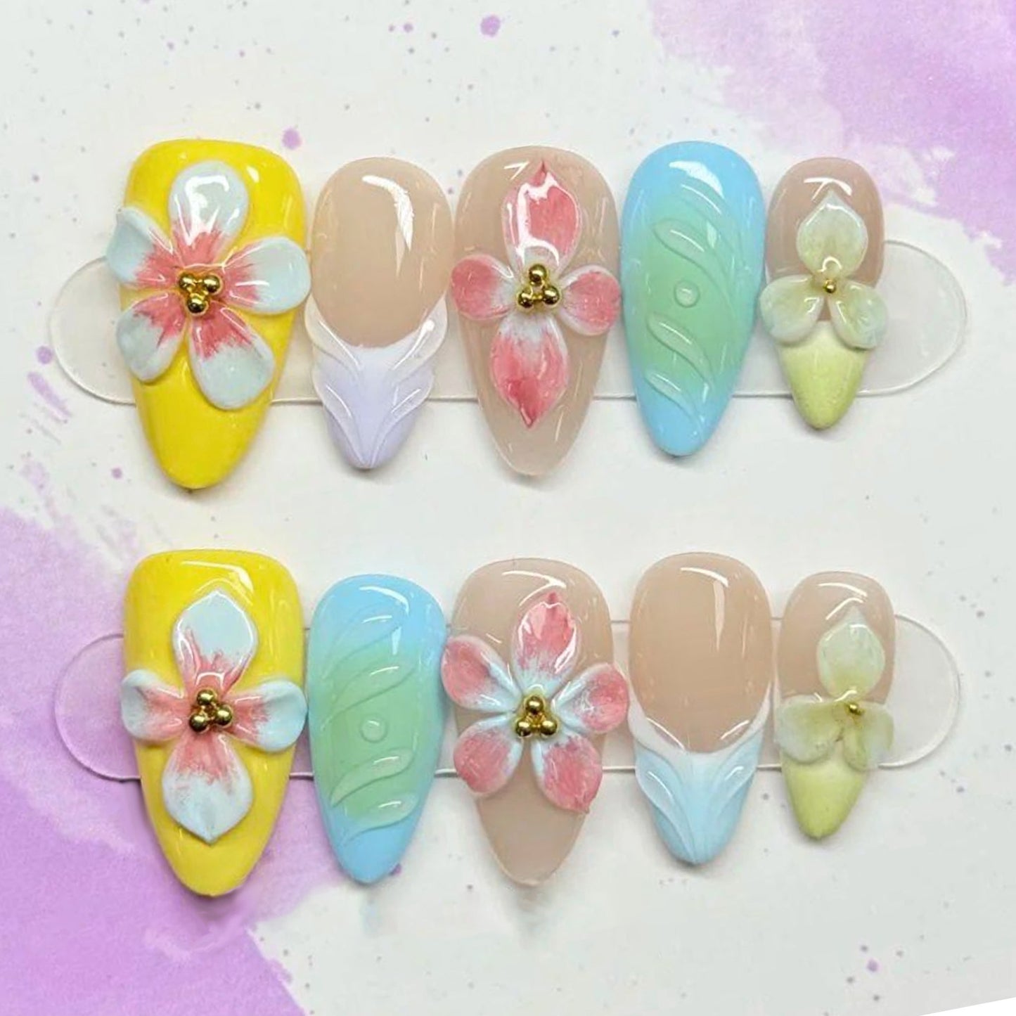 Floral Fantasy Medium Almond Colorful with Charming Flower Accents Press on Nail Set