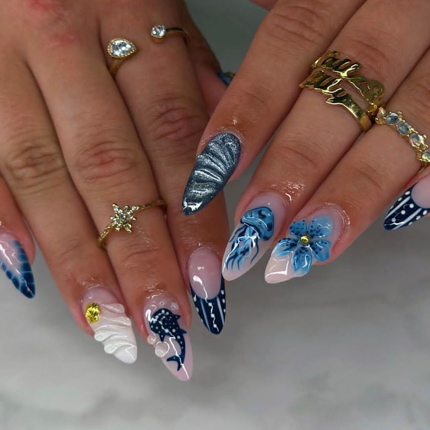 Ocean Breeze Medium Almond Blue and Silver Glitter Press On Nail Set