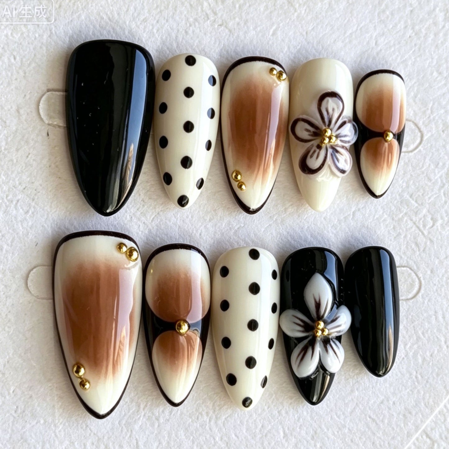 Elegant Floral Fusion Medium Almond Black and Beige with Decorative Accents Press-On Nail Set