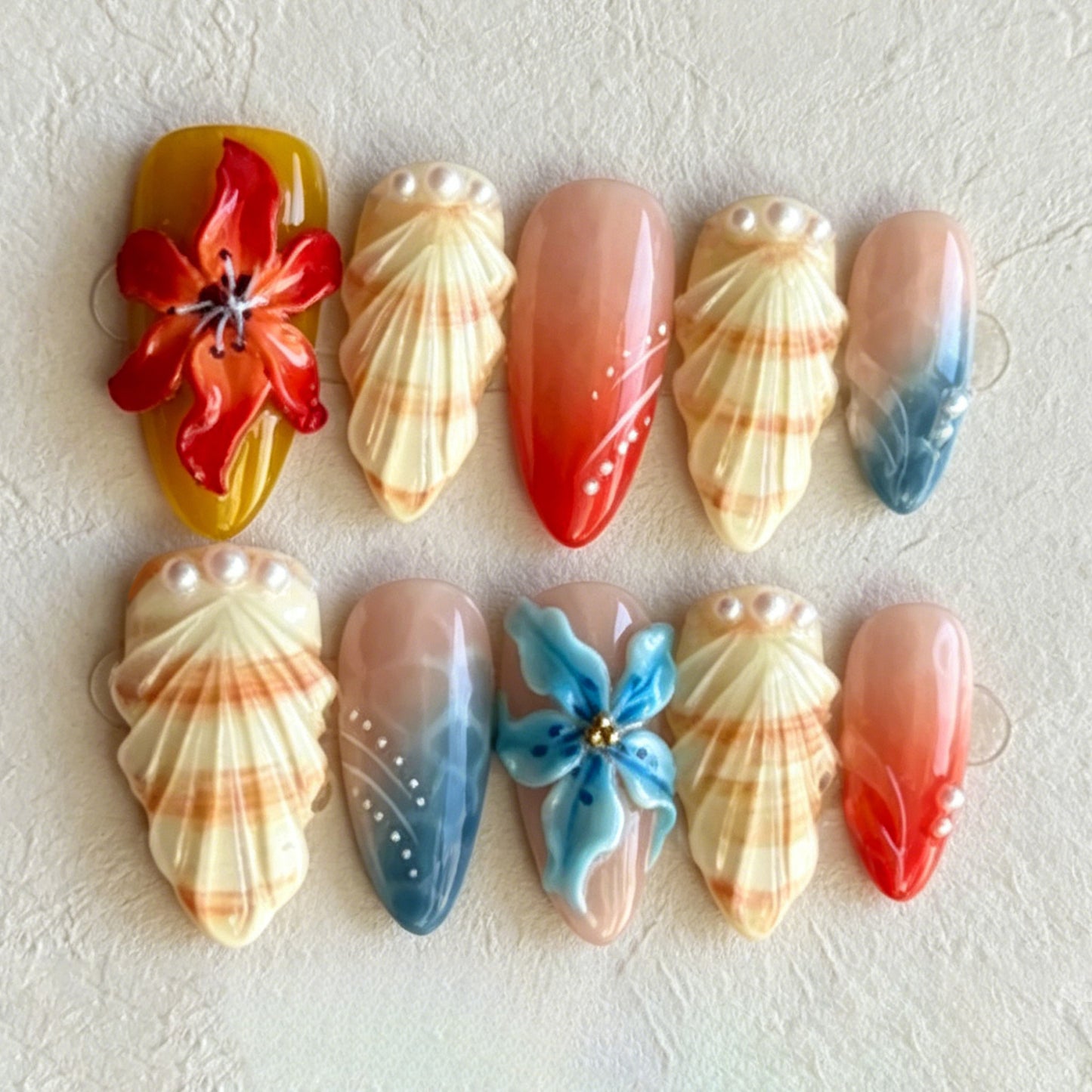 Tropical Vibes Medium Almond Shell Design Multicolor Floral Press On Nail Set