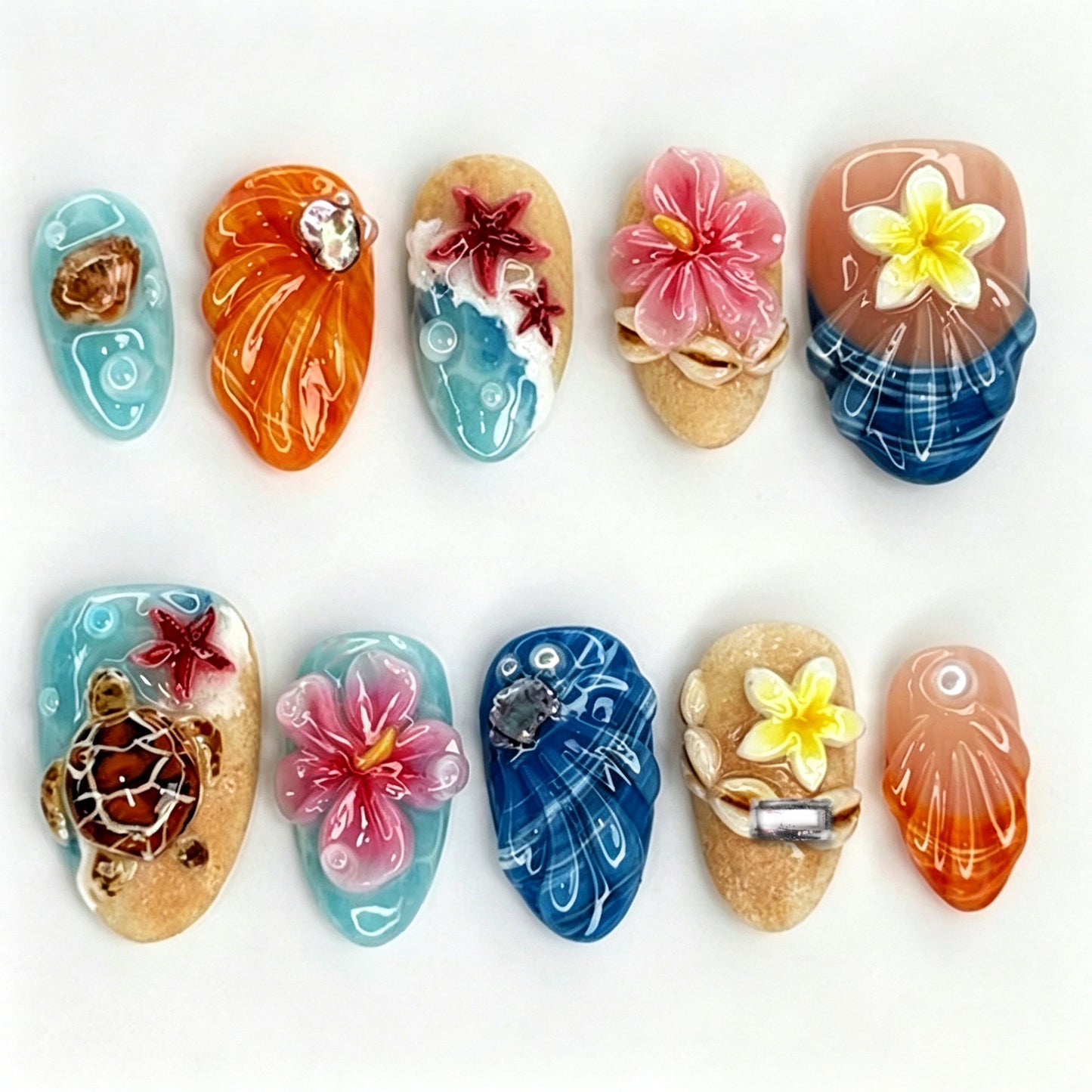 Tropical Vibes Medium Almond Blue with Beachy Floral Accents Press on Nail Set