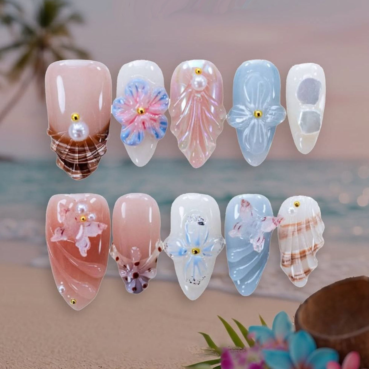 Tropical Bliss Medium Almond Blue Floral Accent Press On Nail Set