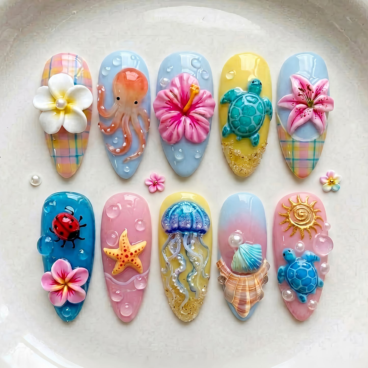 Beach Vibes Medium Almond Blue and Pink with Tropical Ocean Designs Press-On Nail Set
