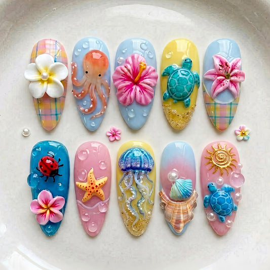Beach Vibes Medium Almond Blue and Pink with Tropical Ocean Designs Press-On Nail Set