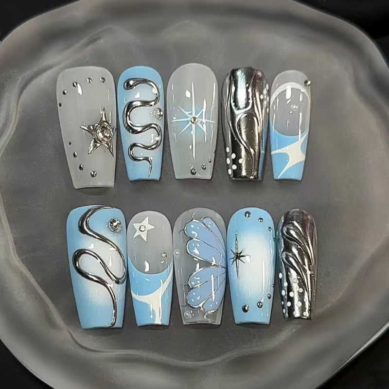Celestial Dream Long Coffin Blue Ombre Design with Sparkling Accents Press On Nail Set