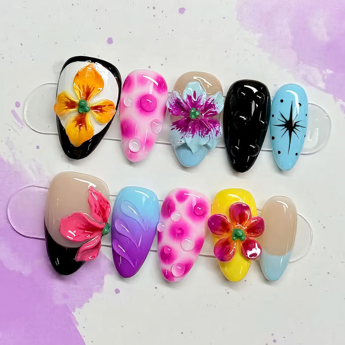 Artistic Floral Fantasy Medium Almond Colorful Hand-Painted Press On Nail Set