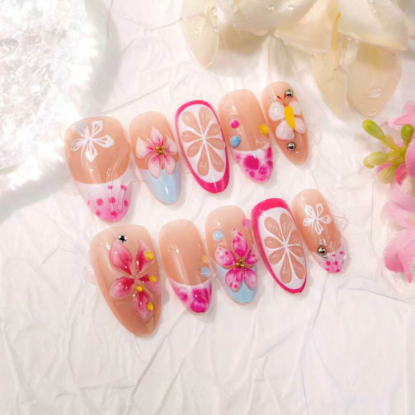 Blossom Elegance Short Almond Pink Floral Press On Nail Set with Sparkling Accents