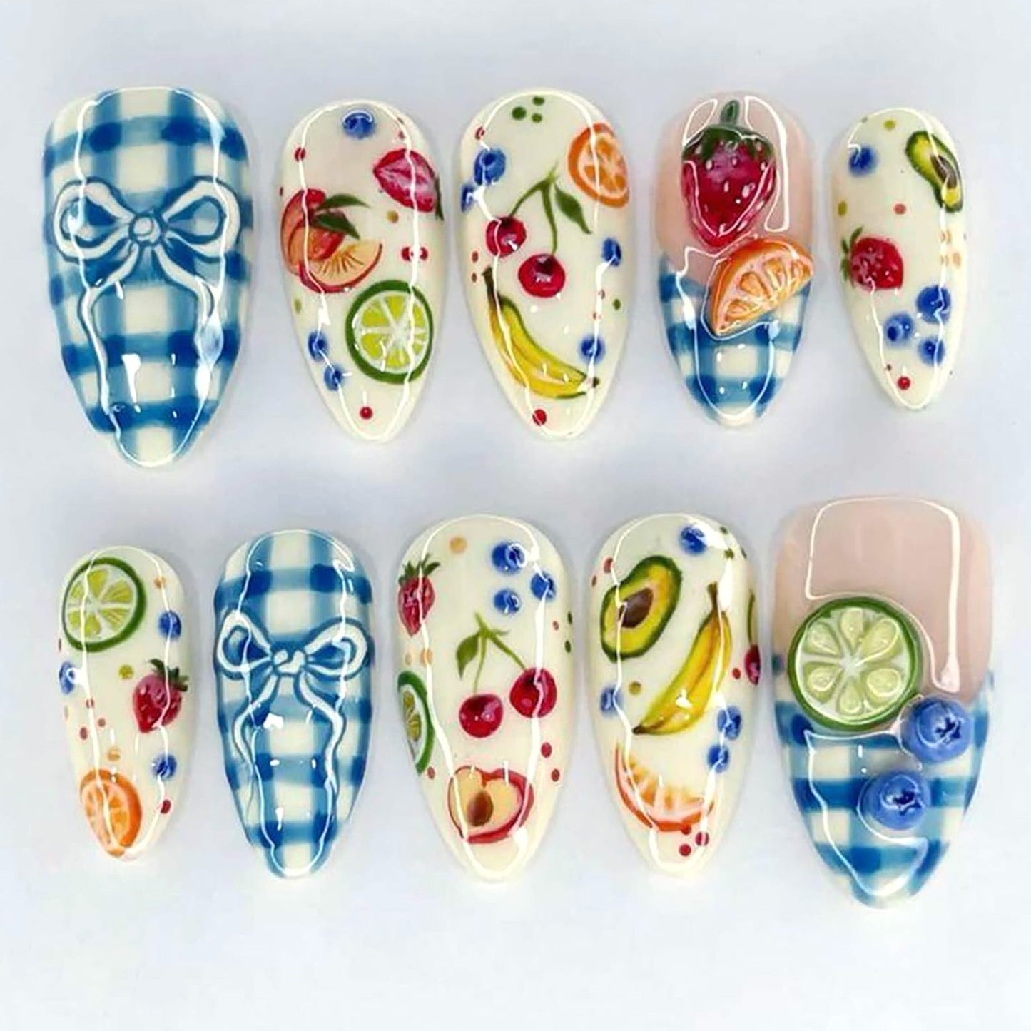 Fruitful Summer Vibes Medium Almond Blue Gingham Pattern Press On Nail Set
