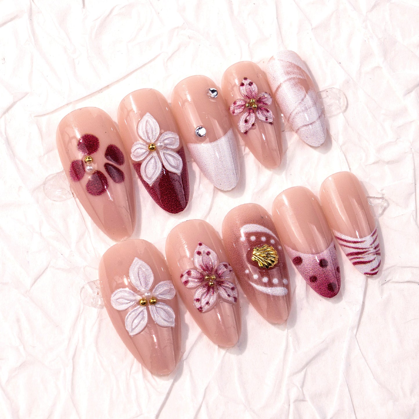 Floral Bliss Medium Almond Beige Press On Nails with Elegant Floral Design