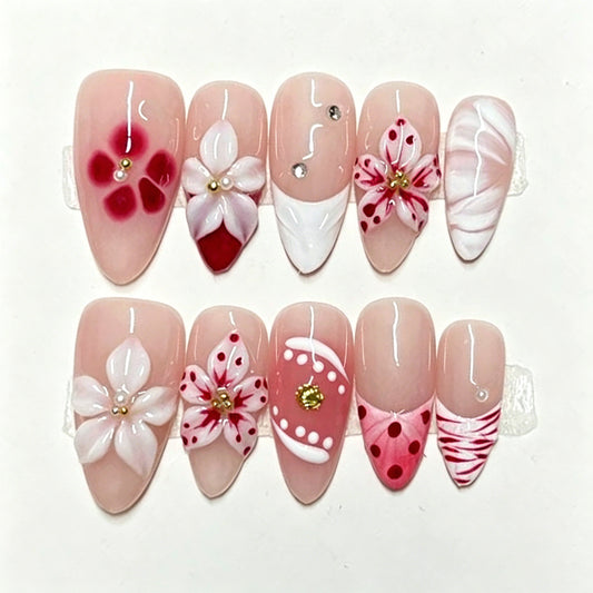 Floral Elegance Medium Almond Pink with Artistic Flower Designs