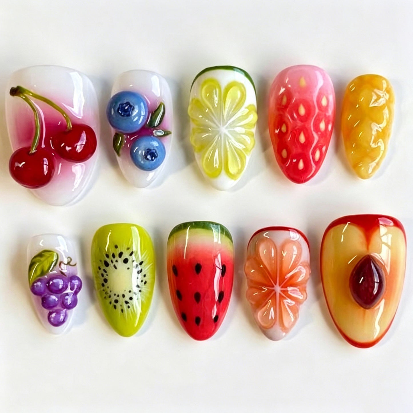 Fruit Fiesta Medium Almond Colorful Floral Designs Press On Nail Set