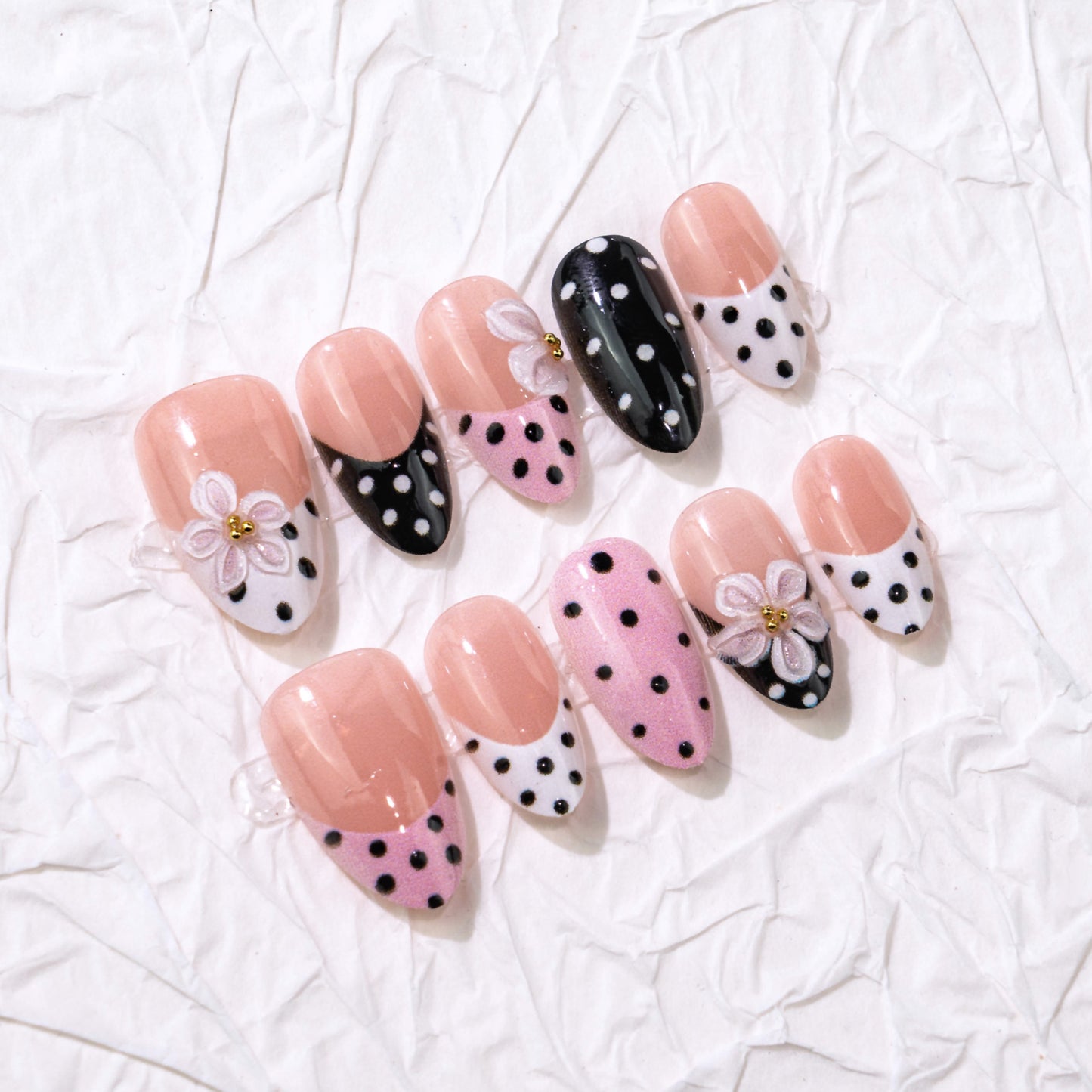 Whimsical Floral Fantasy Short Almond Pink and Black Polka Dot Press on Nail Set