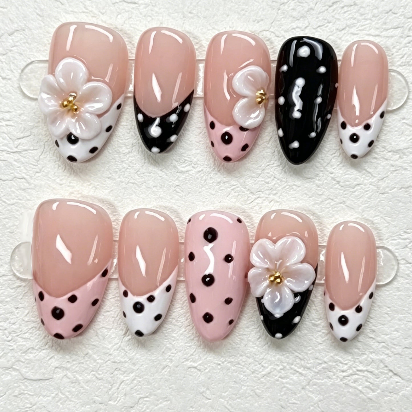 Chic Floral Delight Medium Almond Pink Black Polka Dot Design with Flower Accents Press On Nail Set