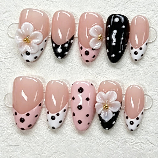 Chic Floral Delight Medium Almond Pink Black Polka Dot Design with Flower Accents Press On Nail Set