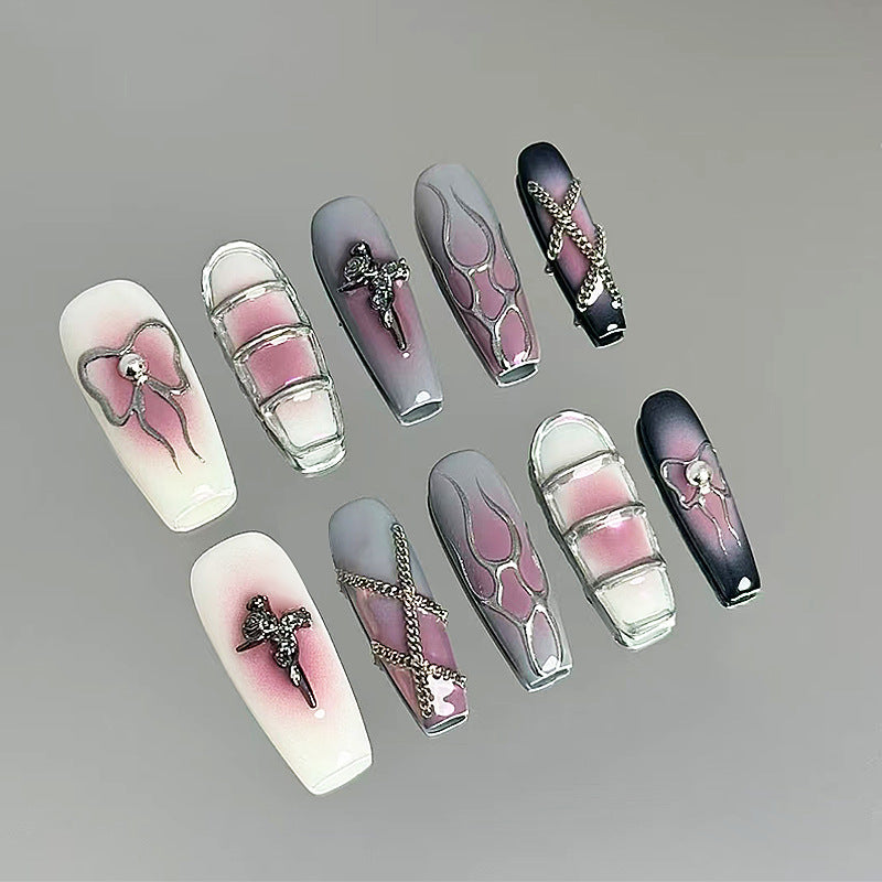 Mystical Elegance Long Coffin Pink Ombre with Unique Silver Designs Press on Nail Set