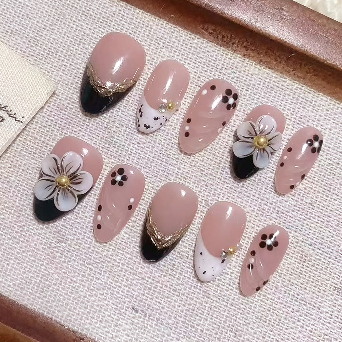 Floral Elegance Medium Almond Pink with Gold Accents Press On Nail Set