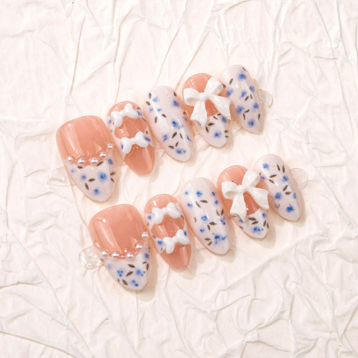 Charming Floral Design Medium Almond Pink and White Bow Accent Press-On Nail Set