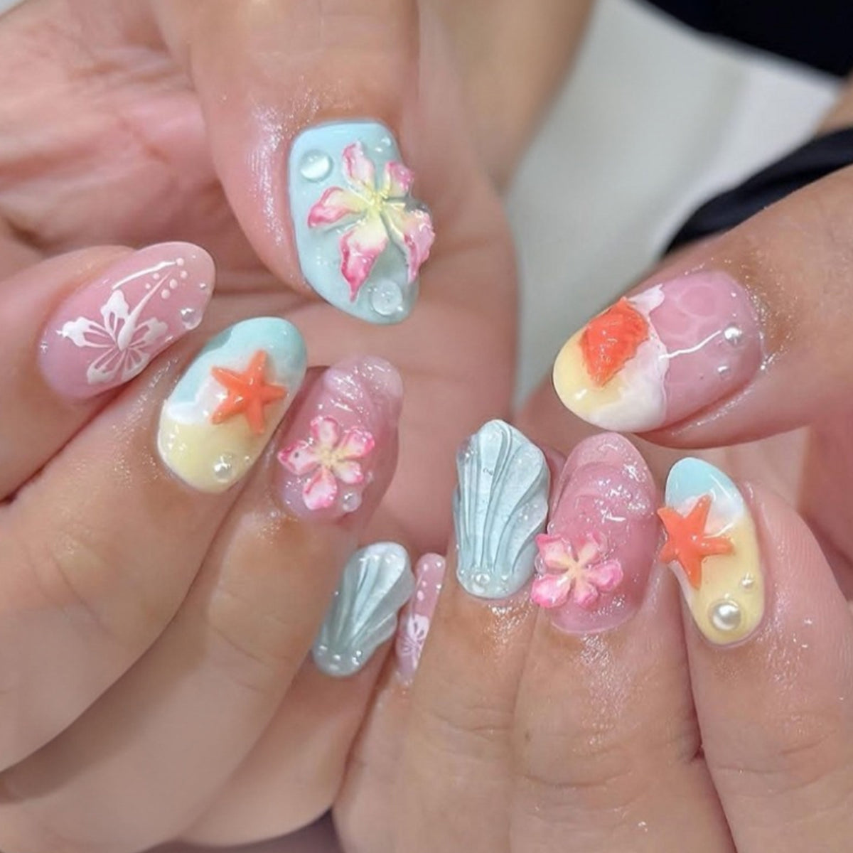 Ocean Breeze Medium Almond Pastel with Floral Embellishments Press On Nail Set