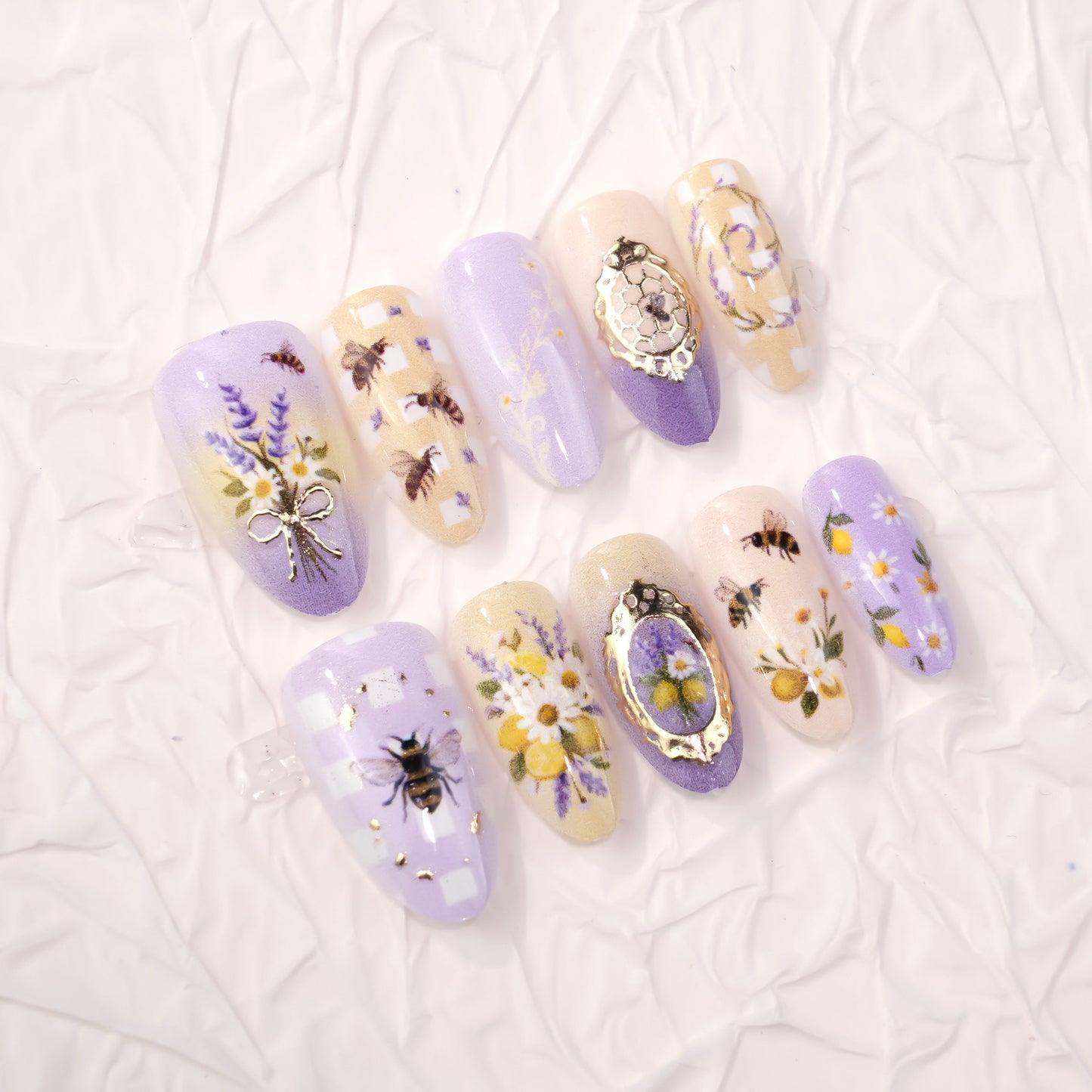 Garden Party Long Oval Lavender Floral Accents Press On Nail Set