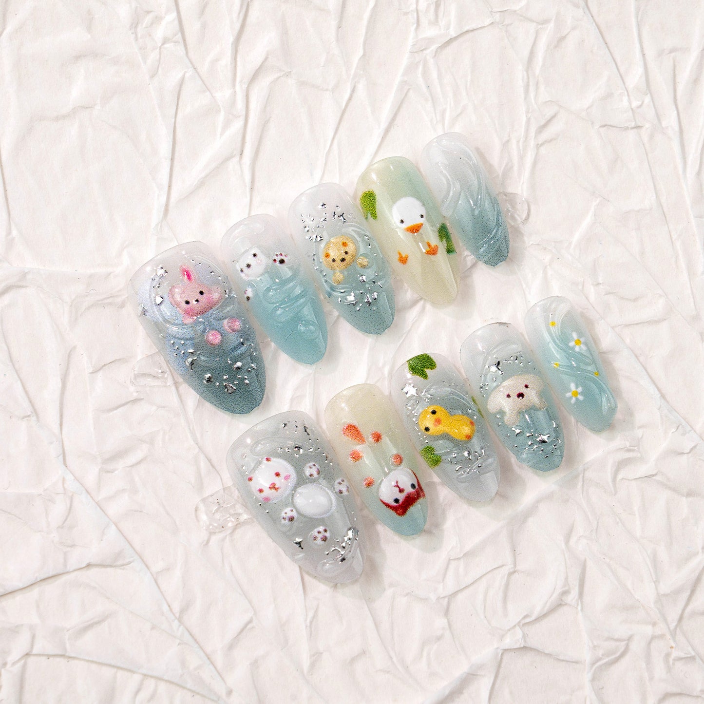 Whimsical Ocean Charm Medium Almond Light Blue with Cute Animal Designs Press On Nail Set
