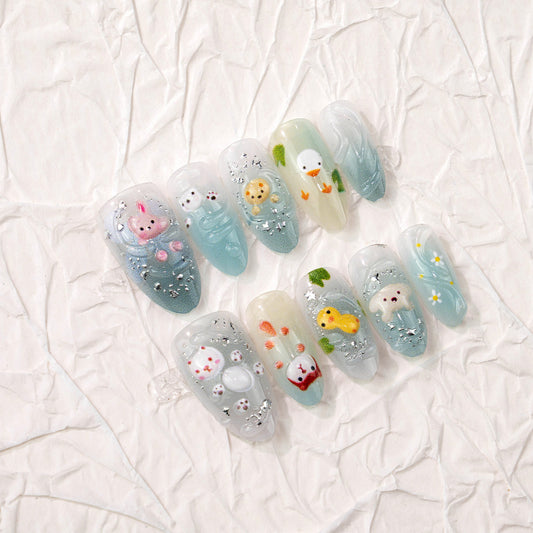 Whimsical Ocean Charm Medium Almond Light Blue with Cute Animal Designs Press On Nail Set