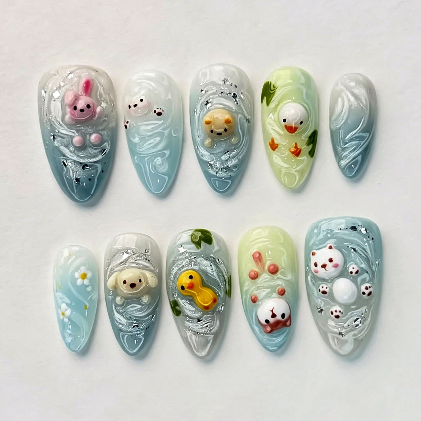 Charming Animal Tales Medium Almond Sky Blue Swirl Design Press On Nail Set