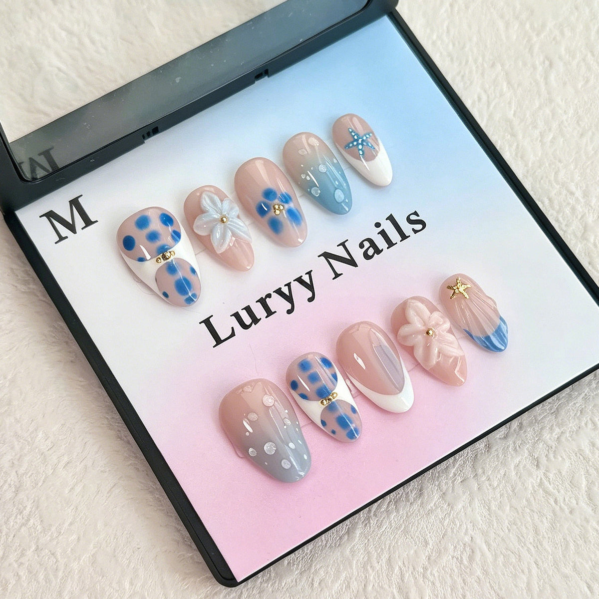 Blooming Serenity Medium Almond Mismatched Nail Set with Charming Floral Accents