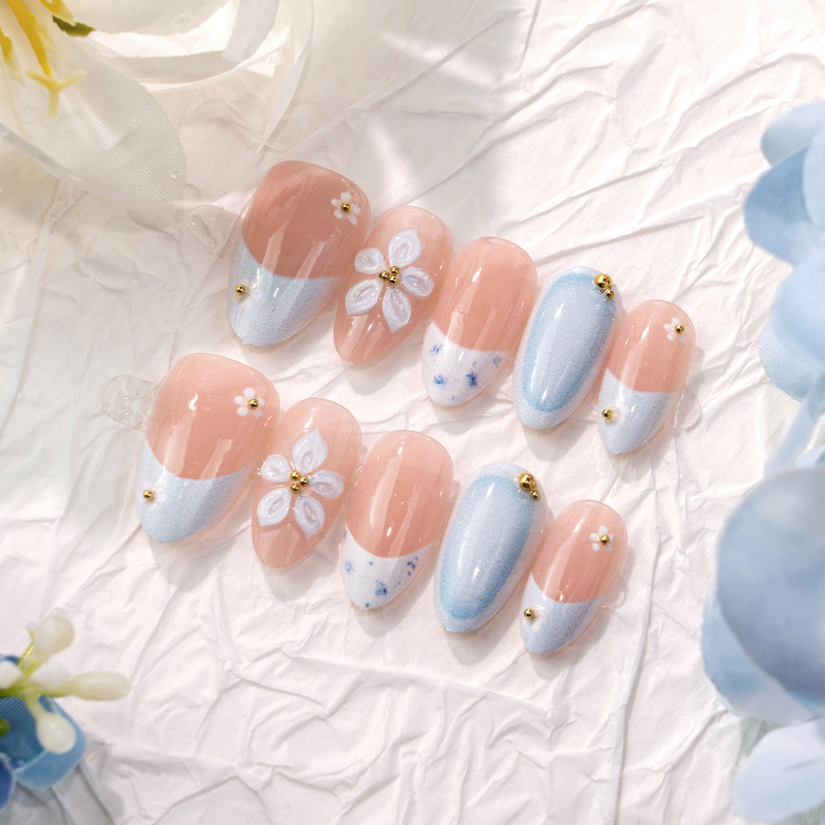 Blossom Delight Medium Almond Blue and Pink Nails with Floral Accents