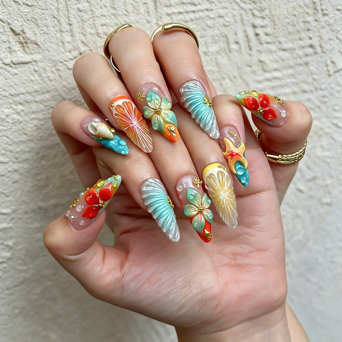Tropical Bliss Long Stiletto Teal and Coral Floral Press On Nail Set