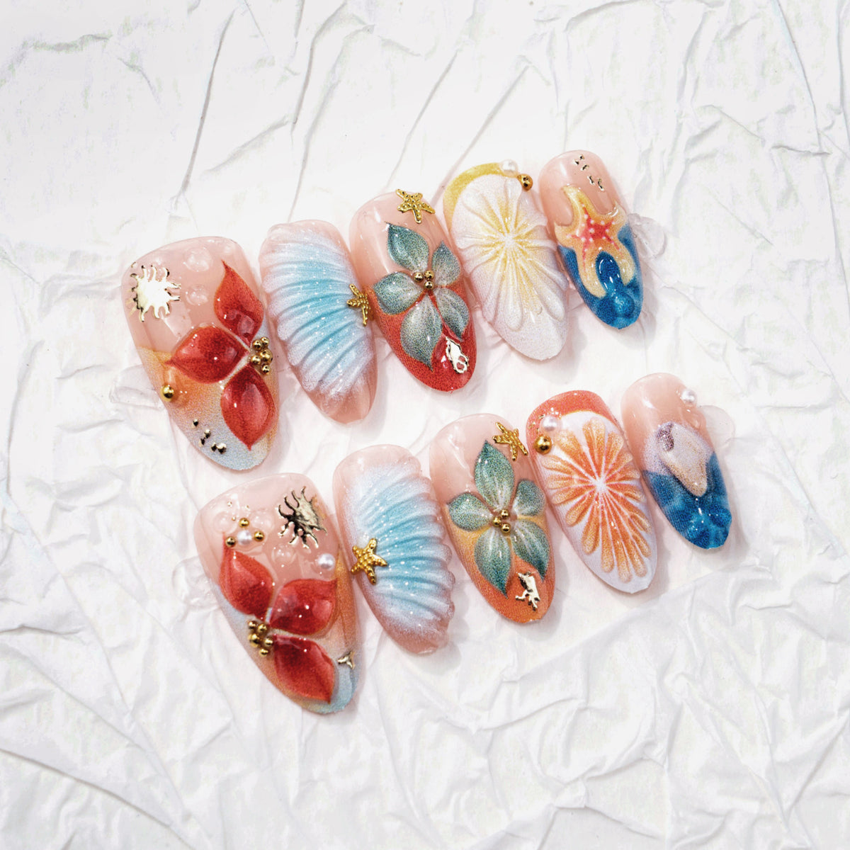Whimsical Ocean Breeze Long Almond Pastel Nail Set with Floral Accents